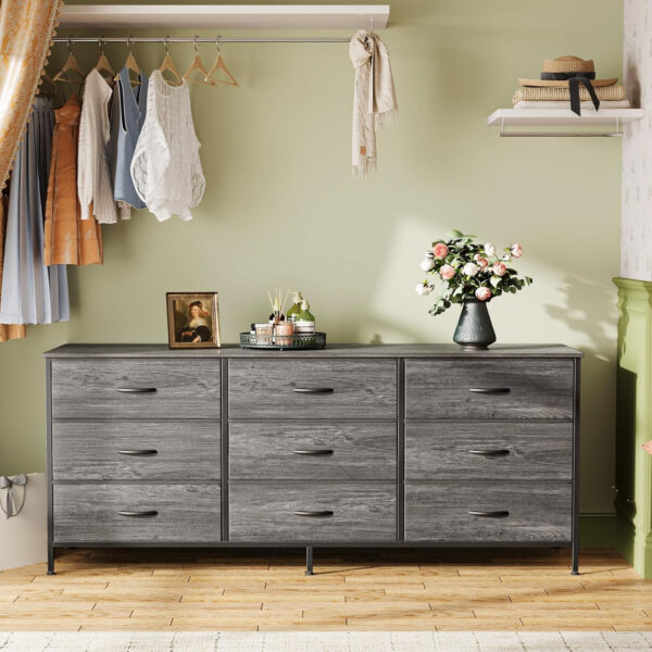 Huuger 63 Inch Dresser for Bedroom, Long Dresser for Closet with 9 Drawers, Large TV Stand for 55, 65, 70 Inch TV, Entertainment Center with Storage, Wide Chest of Drawers, Grey