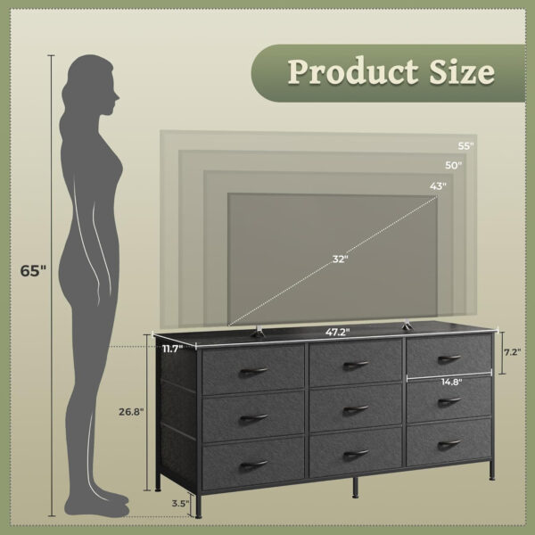 Huuger 63 Inch Dresser for Bedroom, Long Dresser for Closet with 9 Drawers, Large TV Stand for 55, 65, 70 Inch TV, Entertainment Center with Storage, Wide Chest of Drawers, Grey