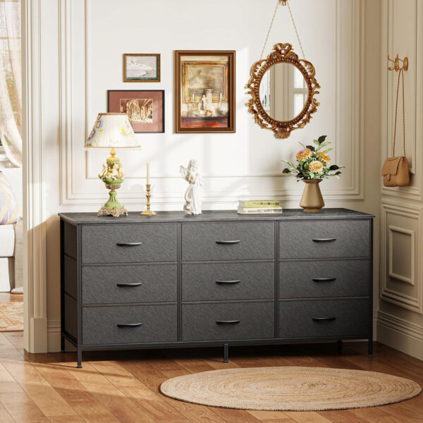 Huuger 63 Inch Dresser for Bedroom, Long Dresser for Closet with 9 Drawers, Large TV Stand for 55, 65, 70 Inch TV, Entertainment Center with Storage, Wide Chest of Drawers, Grey