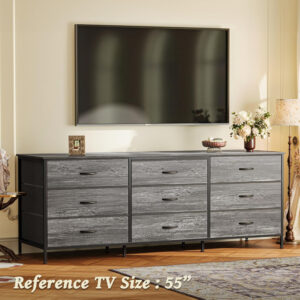 Huuger 63 Inch Dresser for Bedroom, Long Dresser for Closet with 9 Drawers, Large TV Stand for 55, 65, 70 Inch TV, Entertainment Center with Storage, Wide Chest of Drawers, Grey