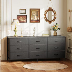 Huuger 63 Inch Dresser for Bedroom, Long Dresser for Closet with 9 Drawers, Large TV Stand for 55, 65, 70 Inch TV, Entertainment Center with Storage, Wide Chest of Drawers, Grey