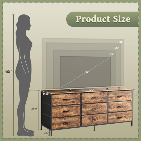 Huuger 63 Inch Dresser for Bedroom, Long Dresser for Closet with 9 Drawers, Large TV Stand for 55, 65, 70 Inch TV, Entertainment Center with Storage, Wide Chest of Drawers, Grey