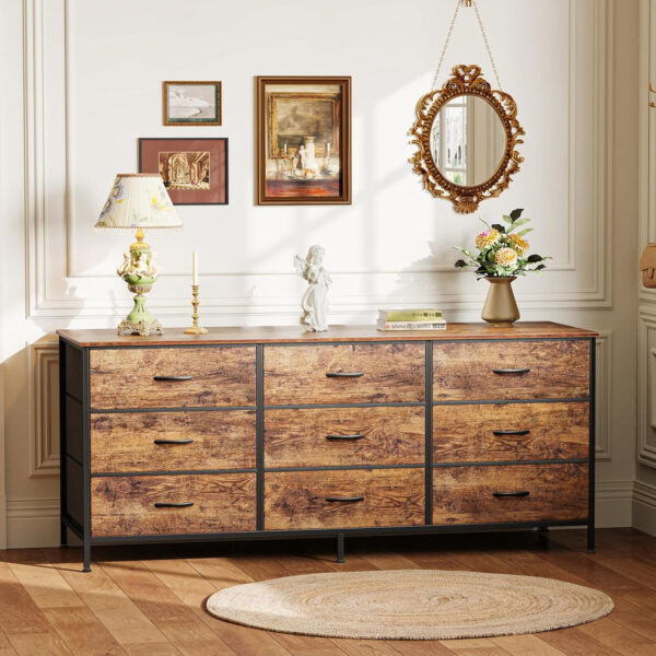 Huuger 63 Inch Dresser for Bedroom, Long Dresser for Closet with 9 Drawers, Large TV Stand for 55, 65, 70 Inch TV, Entertainment Center with Storage, Wide Chest of Drawers, Grey