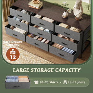 Huuger 63 Inch Dresser for Bedroom, Long Dresser for Closet with 9 Drawers, Large TV Stand for 55, 65, 70 Inch TV, Entertainment Center with Storage, Wide Chest of Drawers, Grey