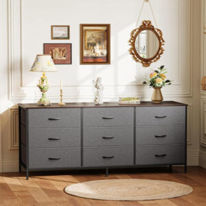 Huuger 63 Inch Dresser for Bedroom, Long Dresser for Closet with 9 Drawers, Large TV Stand for 55, 65, 70 Inch TV, Entertainment Center with Storage, Wide Chest of Drawers, Grey