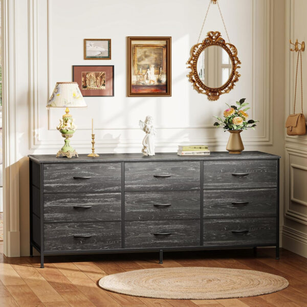 Huuger 63 Inch Dresser for Bedroom, Long Dresser for Closet with 9 Drawers, Large TV Stand for 55, 65, 70 Inch TV, Entertainment Center with Storage, Wide Chest of Drawers, Grey