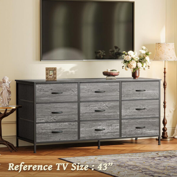 Huuger 63 Inch Dresser for Bedroom, Long Dresser for Closet with 9 Drawers, Large TV Stand for 55, 65, 70 Inch TV, Entertainment Center with Storage, Wide Chest of Drawers, Grey