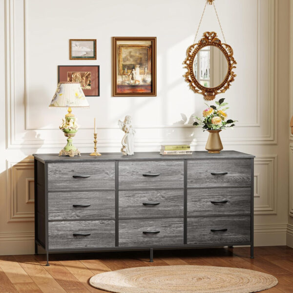 Huuger 63 Inch Dresser for Bedroom, Long Dresser for Closet with 9 Drawers, Large TV Stand for 55, 65, 70 Inch TV, Entertainment Center with Storage, Wide Chest of Drawers, Grey