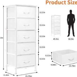 Fixwal White Tall Dresser for Bedroom, Closet Organizers and Storage Tall Fabric Dresser for Closet, Drawer Organizer with 5 Drawers, Bedroom Furniture