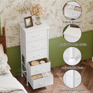 Fixwal White Tall Dresser for Bedroom, Closet Organizers and Storage Tall Fabric Dresser for Closet, Drawer Organizer with 5 Drawers, Bedroom Furniture