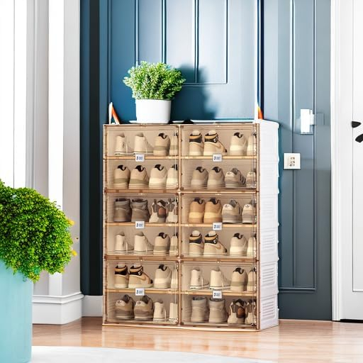 Portable Shoe Rack Organizer for Closet Entryway, Stackable Sneaker Storage Shoe Cabinet with Magnetic Clear Door, Large Plastic Storage containers Bins with Lids 10 Tiers 40 Pairs