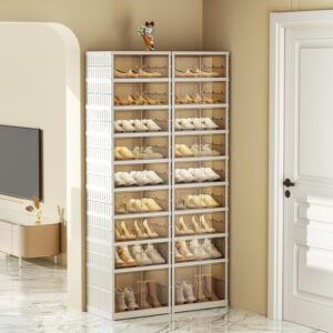 Collapsible Shoe Rack Organizer 9 Tiers-36 Pairs Foldable Shoe Cabinet with Doors, Large Plastic Folding Shoe Cabinet, Easy Assembly Shoe Shelves Organizer for Entryway, Living Room