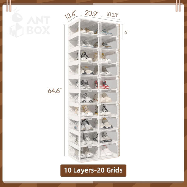 Foldable Shoe Rack,Shoe Organizers for Closet Plastic Shoe Storage Box Space Saving for Entryway, Large Sturdy Stackable Sneaker Cabinet Bins with Magnetic Clear Door 10 Tiers 20 Pairs
