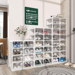 Foldable Shoe Rack,Shoe Organizers for Closet Plastic Shoe Storage Box Space Saving for Entryway, Large Sturdy Stackable Sneaker Cabinet Bins with Magnetic Clear Door 10 Tiers 20 Pairs