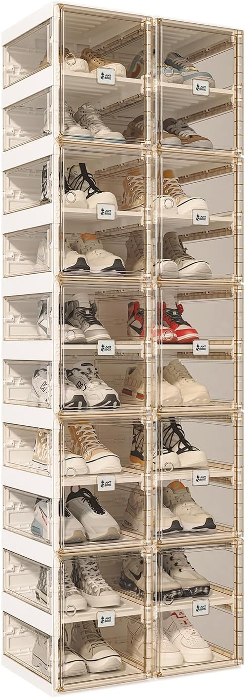 Foldable Shoe Rack,Shoe Organizers for Closet Plastic Shoe Storage Box Space Saving for Entryway, Large Sturdy Stackable Sneaker Cabinet Bins with Magnetic Clear Door 10 Tiers 20 Pairs