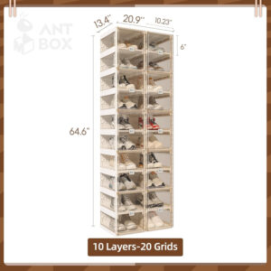 Foldable Shoe Rack,Shoe Organizers for Closet Plastic Shoe Storage Box Space Saving for Entryway, Large Sturdy Stackable Sneaker Cabinet Bins with Magnetic Clear Door 10 Tiers 20 Pairs