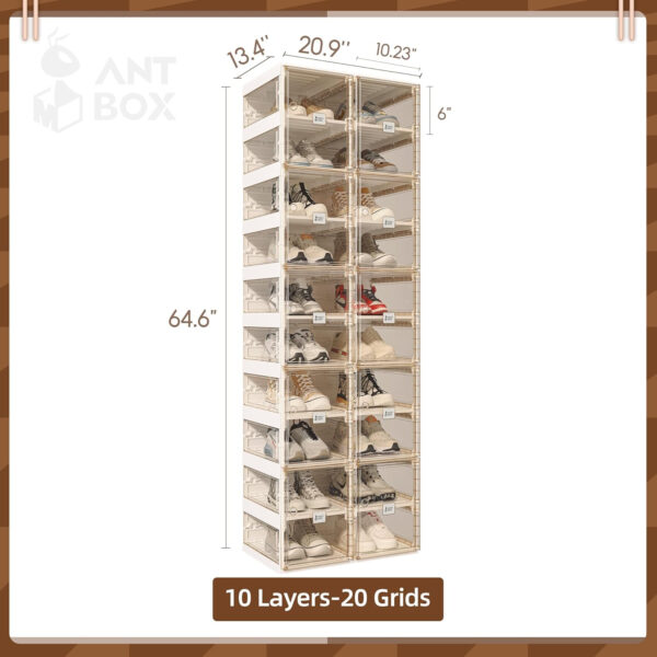 Foldable Shoe Rack,Shoe Organizers for Closet Plastic Shoe Storage Box Space Saving for Entryway, Large Sturdy Stackable Sneaker Cabinet Bins with Magnetic Clear Door 10 Tiers 20 Pairs