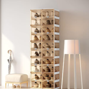 Foldable Shoe Rack,Shoe Organizers for Closet Plastic Shoe Storage Box Space Saving for Entryway, Large Sturdy Stackable Sneaker Cabinet Bins with Magnetic Clear Door 10 Tiers 20 Pairs