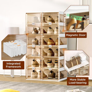 Foldable Shoe Rack,Shoe Organizers for Closet Plastic Shoe Storage Box Space Saving for Entryway, Large Sturdy Stackable Sneaker Cabinet Bins with Magnetic Clear Door 10 Tiers 20 Pairs