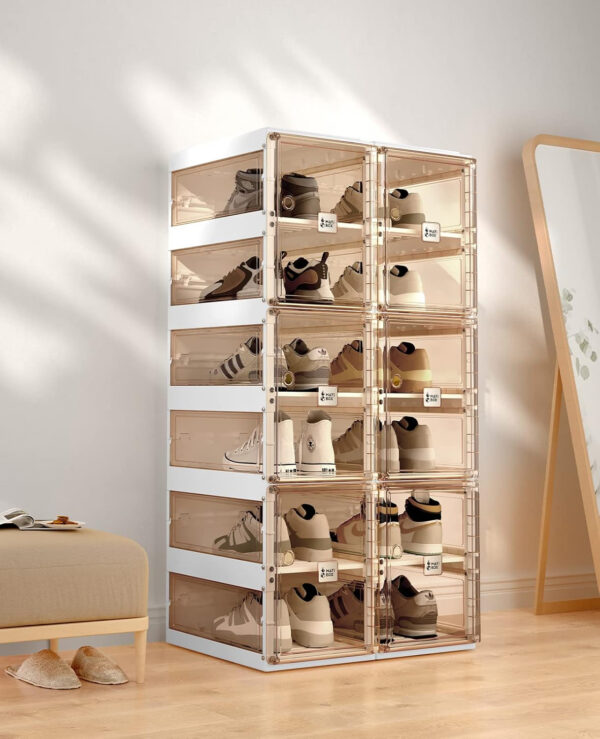 Foldable Shoe Rack,Shoe Organizers for Closet Plastic Shoe Storage Box Space Saving for Entryway, Large Sturdy Stackable Sneaker Cabinet Bins with Magnetic Clear Door 10 Tiers 20 Pairs