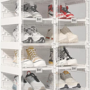 Foldable Shoe Rack,Shoe Organizers for Closet Plastic Shoe Storage Box Space Saving for Entryway, Large Sturdy Stackable Sneaker Cabinet Bins with Magnetic Clear Door 10 Tiers 20 Pairs
