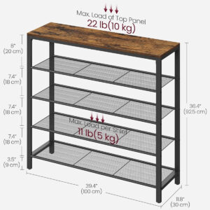 VASAGLE 8 Tier Shoe Rack, Shoe Organizer for Closet, Entryway, 32-40 Pairs of Shoes, Large Shoe Rack Organizer with 7 Metal Mesh Shelves, 11.8 x 39.4 x 59.8 Inches, Rustic Brown and Black ULBS012B01