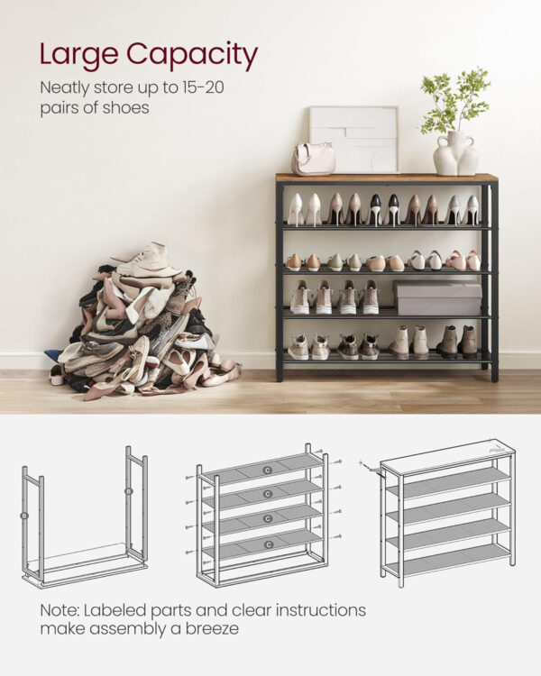 VASAGLE 8 Tier Shoe Rack, Shoe Organizer for Closet, Entryway, 32-40 Pairs of Shoes, Large Shoe Rack Organizer with 7 Metal Mesh Shelves, 11.8 x 39.4 x 59.8 Inches, Rustic Brown and Black ULBS012B01