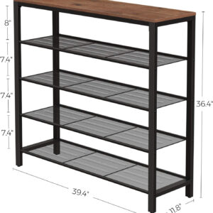 VASAGLE 8 Tier Shoe Rack, Shoe Organizer for Closet, Entryway, 32-40 Pairs of Shoes, Large Shoe Rack Organizer with 7 Metal Mesh Shelves, 11.8 x 39.4 x 59.8 Inches, Rustic Brown and Black ULBS012B01