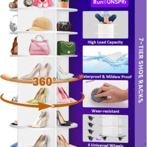 7 Tier Rotating Shoe Rack with 4 Universal Wheels, 360° Revolving Free Standing Shoe Organizer, Multifunctional Storage Revolving Shoe Rack Tower, Spinning Shoe Racks Display Lazy Susan Equipped