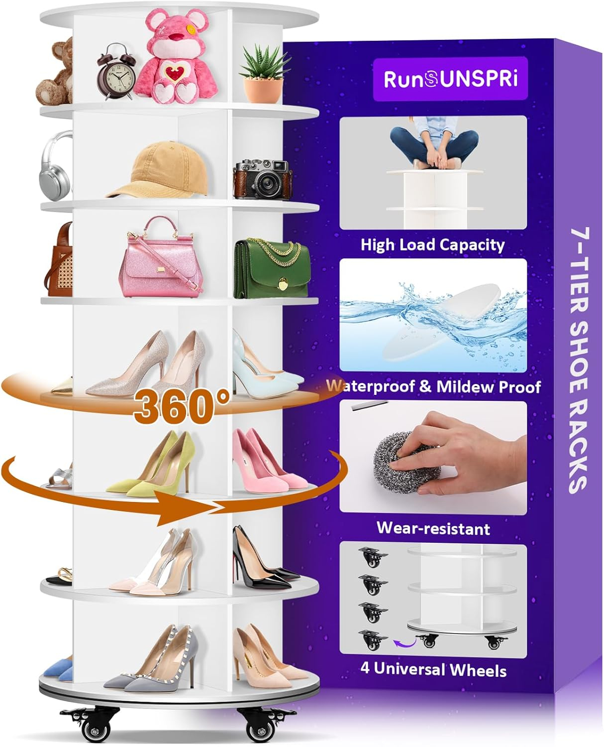 7 Tier Rotating Shoe Rack with 4 Universal Wheels, 360° Revolving Free Standing Shoe Organizer, Multifunctional Storage Revolving Shoe Rack Tower, Spinning Shoe Racks Display Lazy Susan Equipped