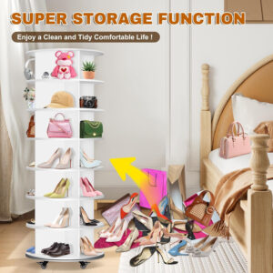 7 Tier Rotating Shoe Rack with 4 Universal Wheels, 360° Revolving Free Standing Shoe Organizer, Multifunctional Storage Revolving Shoe Rack Tower, Spinning Shoe Racks Display Lazy Susan Equipped