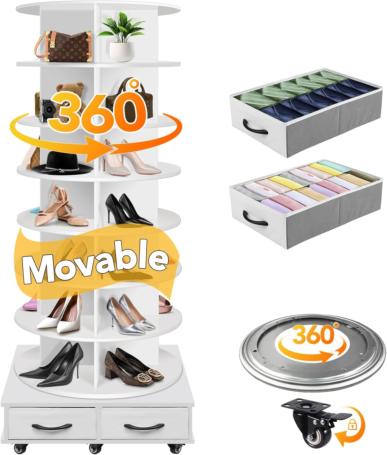 8 Tier Rotating Shoe Rack Tower contains 2 drawers, Spinning Shoe Rack Display Lazy Susan, Revolving 360 Shoe Racks Storage Round Carousel, Equipped with 5 Universal Wheels with Brake Function