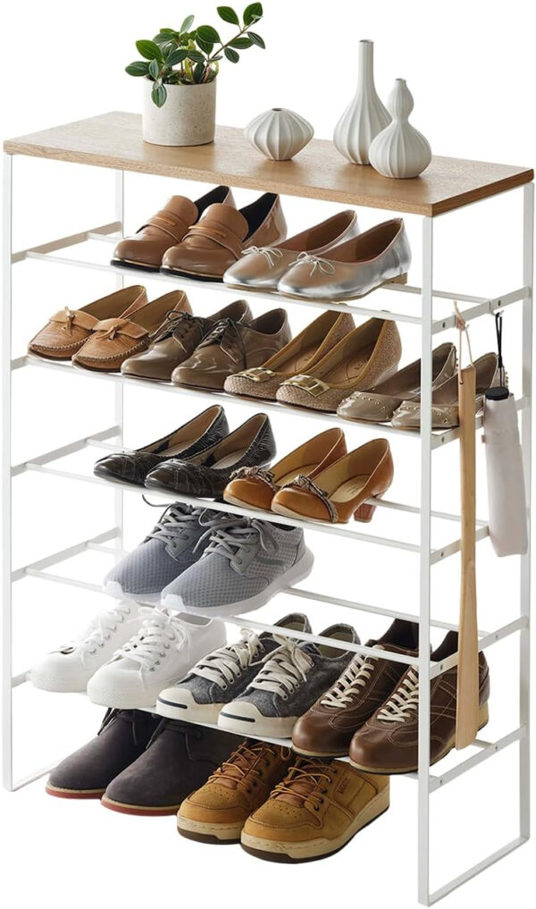 6887ba8413c599b4cf5a8eb574878be358af35a2d82b4d6a2867a.jpg Yamazaki Home 6 Tier Wood Top Shoe Rack Steel One Size Black