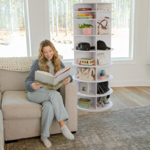 Rotating Shoe Rack Tower 360-32 Pair, 8 Tiers, Reachable Spinning Shoe Rack Tower. Rotating Storage Tower, Bookshelf, Handbag Holder (8 Tier Standard Size) 5ft, 3in.