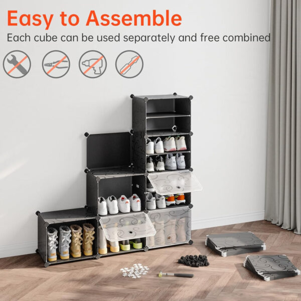 MAGINELS 72-Pairs Shoe Storage Organizer Cabinet,Portable Shoe Rack Organizer with Door,Large DIY Plastic Detachable Shoes Shelves for Entryway,Bedroom,Black