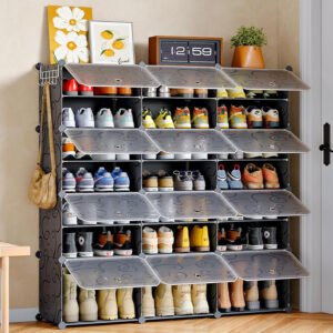 MAGINELS 72-Pairs Shoe Storage Organizer Cabinet,Portable Shoe Rack Organizer with Door,Large DIY Plastic Detachable Shoes Shelves for Entryway,Bedroom,Black