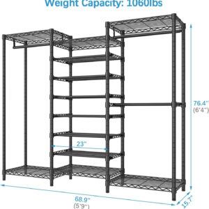 VIPEK S3 Heavy Duty Garment Rack Freestanding Clothes Rack Closet Storage Organizer Large Wardrobe with 6-Tier Shoe Rack, Hanging Rod, Adjustable Shelf, 68.9" L x 15.7" W x 76.4" H, Black