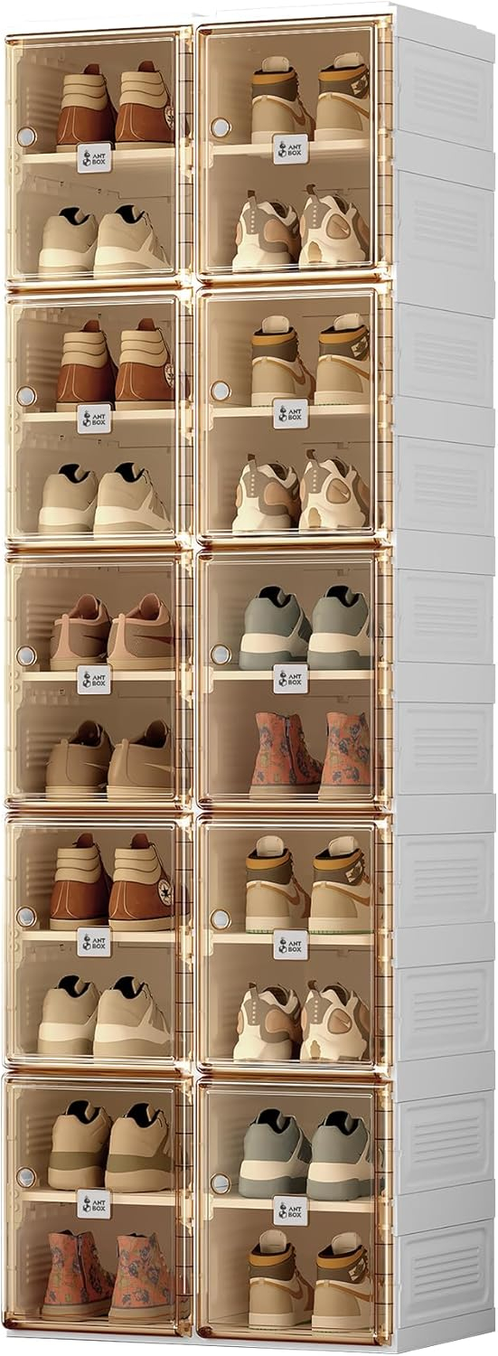 Shoe Organizer Storage Box, Portable Folding Shoe Rack For Closet With Magnetic Clear Door,Large Sneaker Cabinet Bins Sturdy Easy Assembly 10 Layers-20 Grids