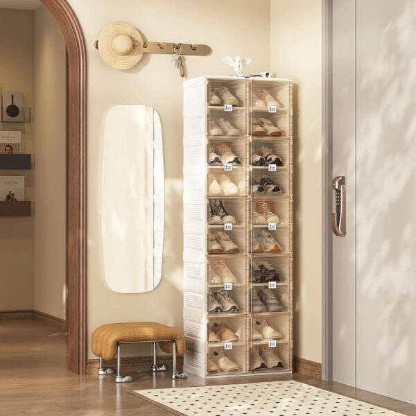 Shoe Organizer Storage Box, Portable Folding Shoe Rack For Closet With Magnetic Clear Door,Large Sneaker Cabinet Bins Sturdy Easy Assembly 10 Layers-20 Grids