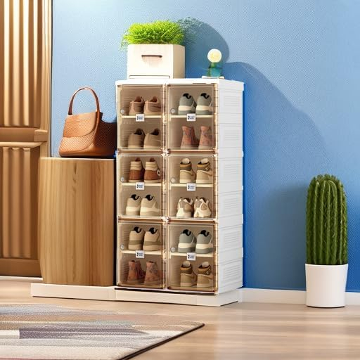Shoe Organizer Storage Box, Portable Folding Shoe Rack For Closet With Magnetic Clear Door,Large Sneaker Cabinet Bins Sturdy Easy Assembly 10 Layers-20 Grids