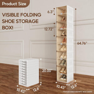 Shoe Organizer Storage Box, Portable Folding Shoe Rack For Closet With Magnetic Clear Door,Large Sneaker Cabinet Bins Sturdy Easy Assembly 10 Layers-20 Grids