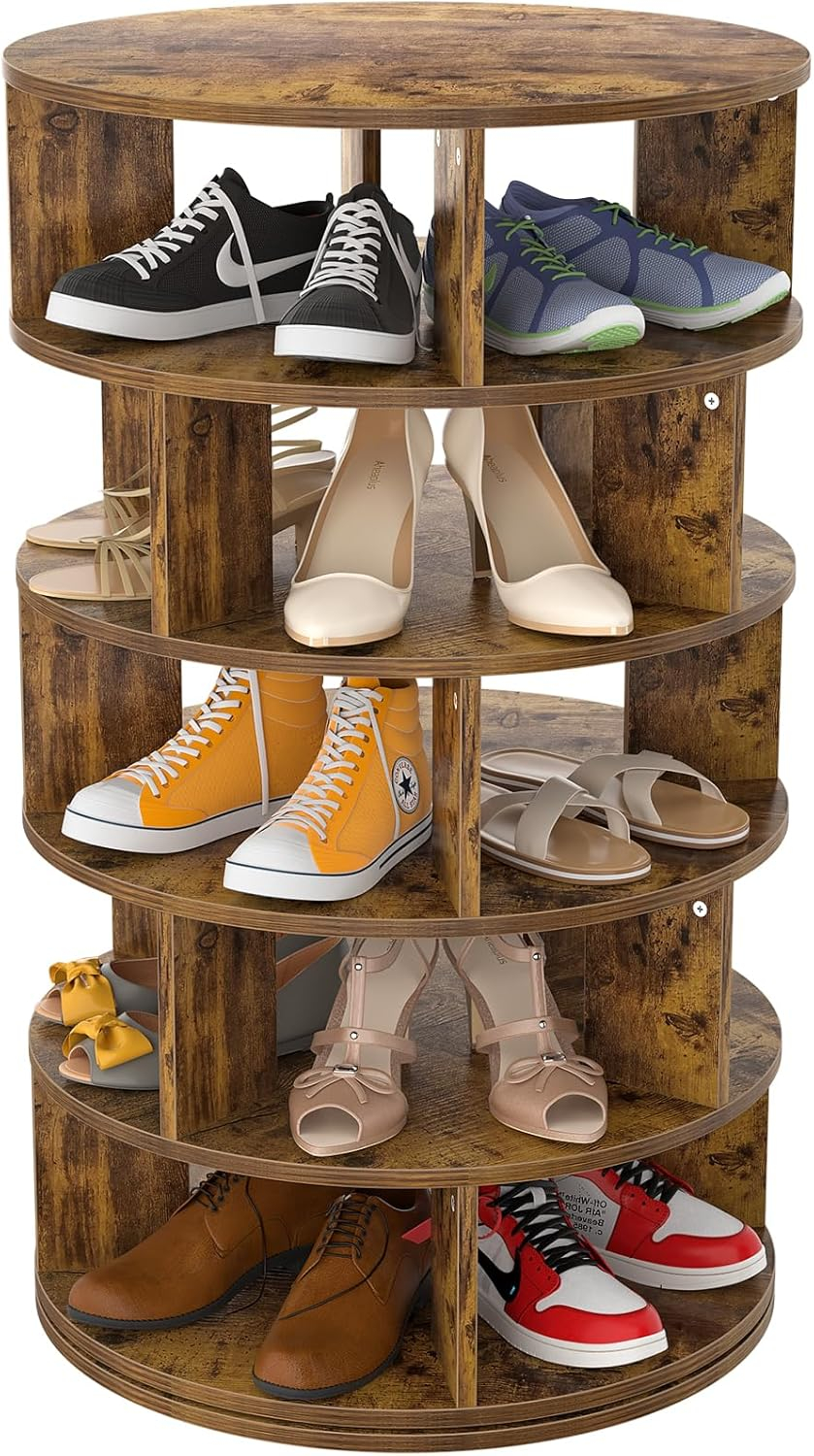 Aheaplus Rotating Shoe Rack, 5-Tier Wood Shoe Organizer for Closet, 360° Spinning Shoe Rack Tower Space-Saving Shoe Storage Shelf for Entryway, Garage, Bedroom, Rustic Brown