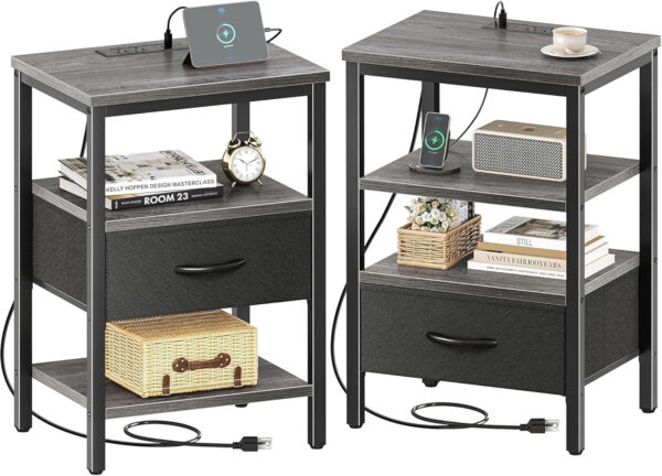 SUPERJARE Nightstand with Charging Station, Bed Side Table with Adjustable Fabric Drawer, Night Stand for Bedroom, 3-Tier Storage End Table, for Living Room, Rustic Brown and Black