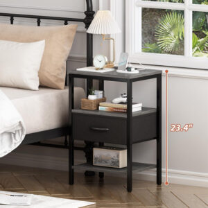 SUPERJARE Nightstand with Charging Station, Bed Side Table with Adjustable Fabric Drawer, Night Stand for Bedroom, 3-Tier Storage End Table, for Living Room, Rustic Brown and Black