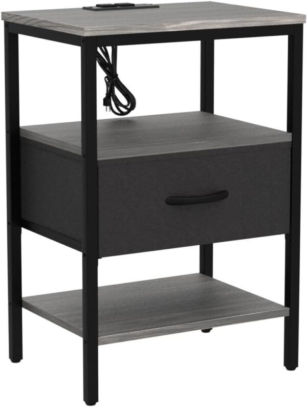 SUPERJARE Nightstand with Charging Station, Bed Side Table with Adjustable Fabric Drawer, Night Stand for Bedroom, 3-Tier Storage End Table, for Living Room, Rustic Brown and Black