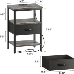 SUPERJARE Nightstand with Charging Station, Bed Side Table with Adjustable Fabric Drawer, Night Stand for Bedroom, 3-Tier Storage End Table, for Living Room, Rustic Brown and Black