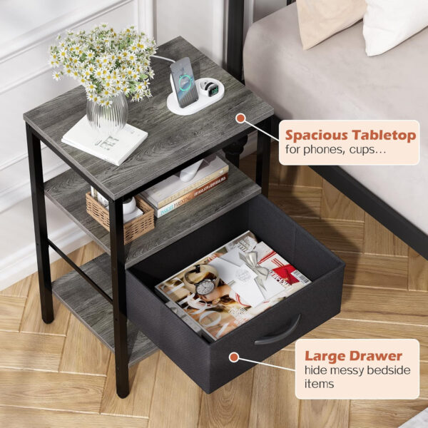 SUPERJARE Nightstand with Charging Station, Bed Side Table with Adjustable Fabric Drawer, Night Stand for Bedroom, 3-Tier Storage End Table, for Living Room, Rustic Brown and Black