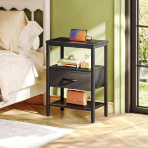 SUPERJARE Nightstand with Charging Station, Bed Side Table with Adjustable Fabric Drawer, Night Stand for Bedroom, 3-Tier Storage End Table, for Living Room, Rustic Brown and Black