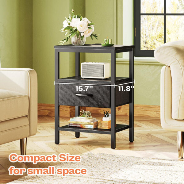 SUPERJARE Nightstand with Charging Station, Bed Side Table with Adjustable Fabric Drawer, Night Stand for Bedroom, 3-Tier Storage End Table, for Living Room, Rustic Brown and Black