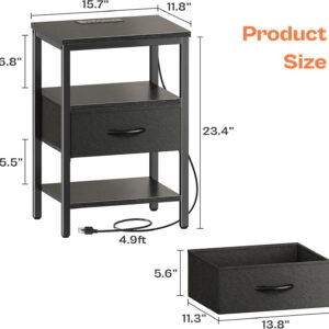 SUPERJARE Nightstand with Charging Station, Bed Side Table with Adjustable Fabric Drawer, Night Stand for Bedroom, 3-Tier Storage End Table, for Living Room, Rustic Brown and Black